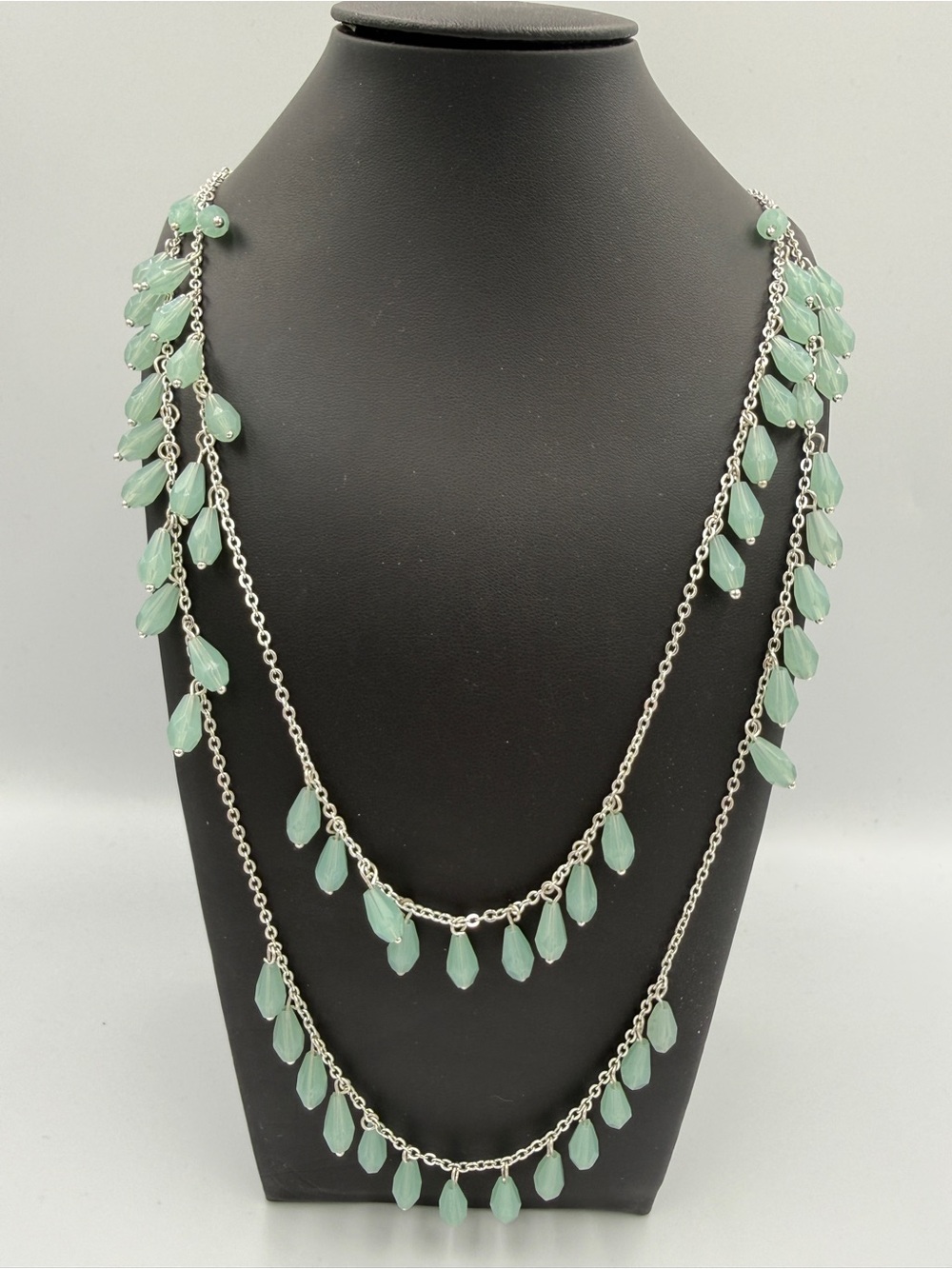 Avon Silver Multi-Strand Necklace with Mint Green Teardrops